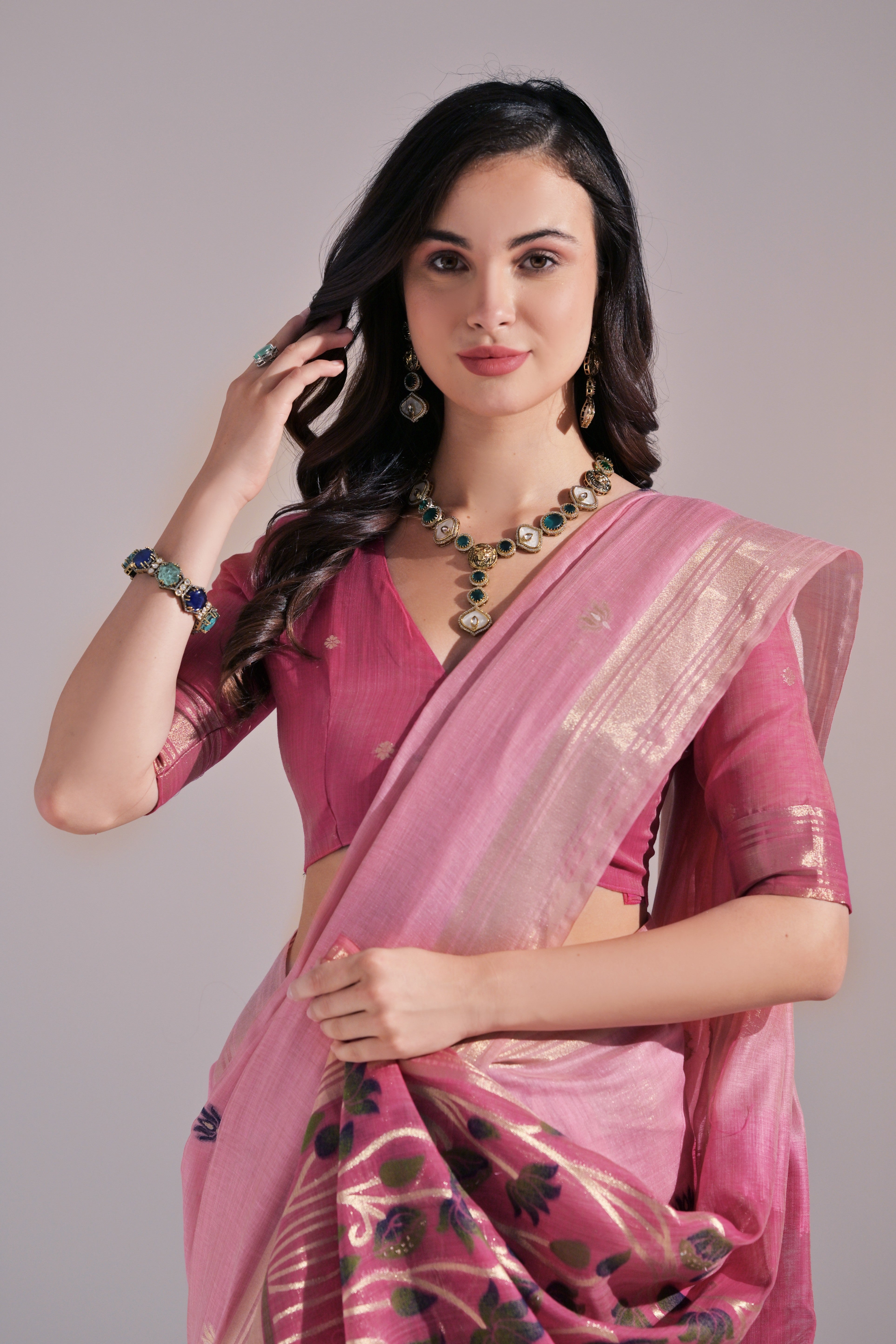 Baby Pink Woven Muga Cotton Saree