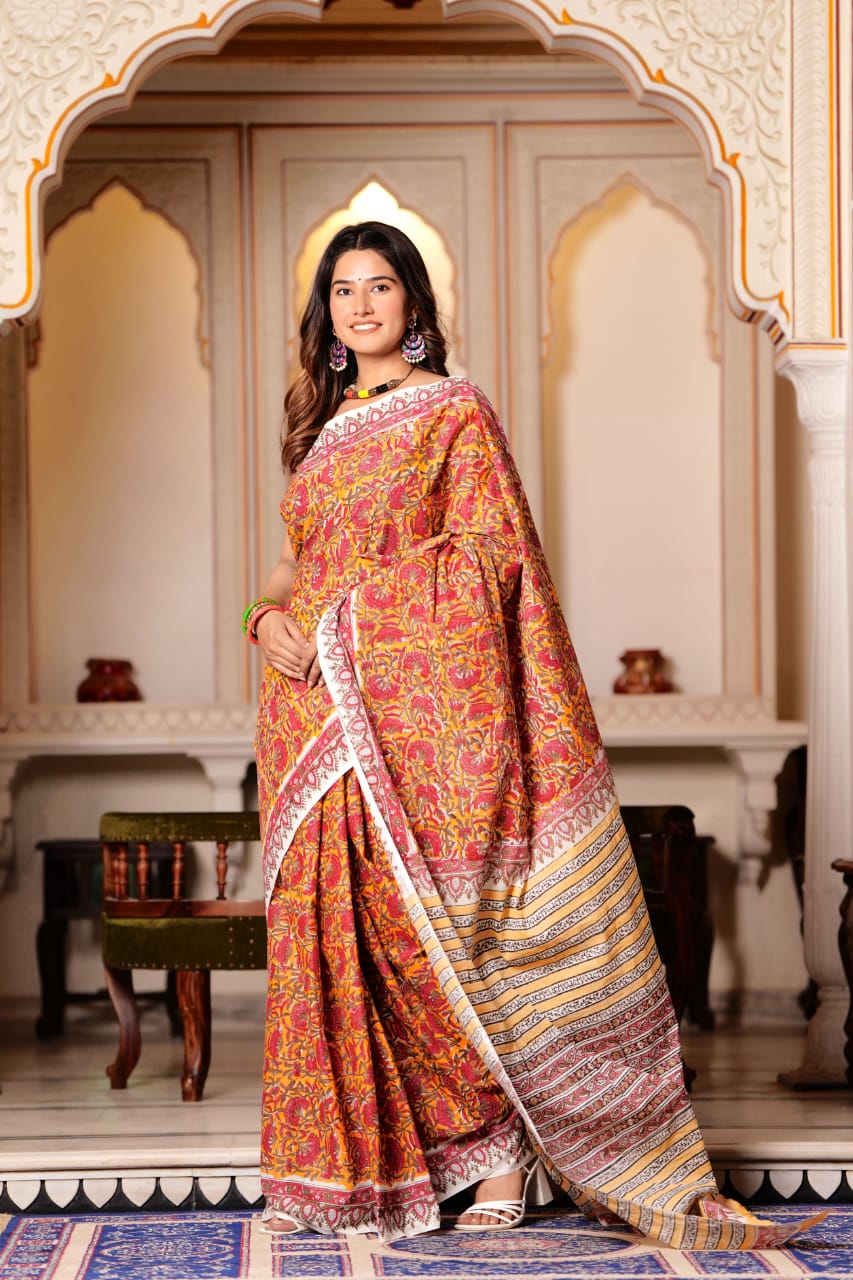 Tan Orange Pure Cotton Handblock Printed Saree