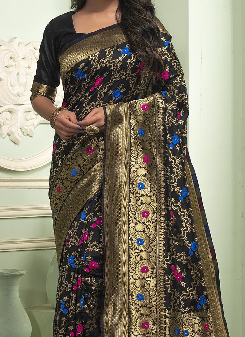 Woven Art Silk Jacquard Saree in Black