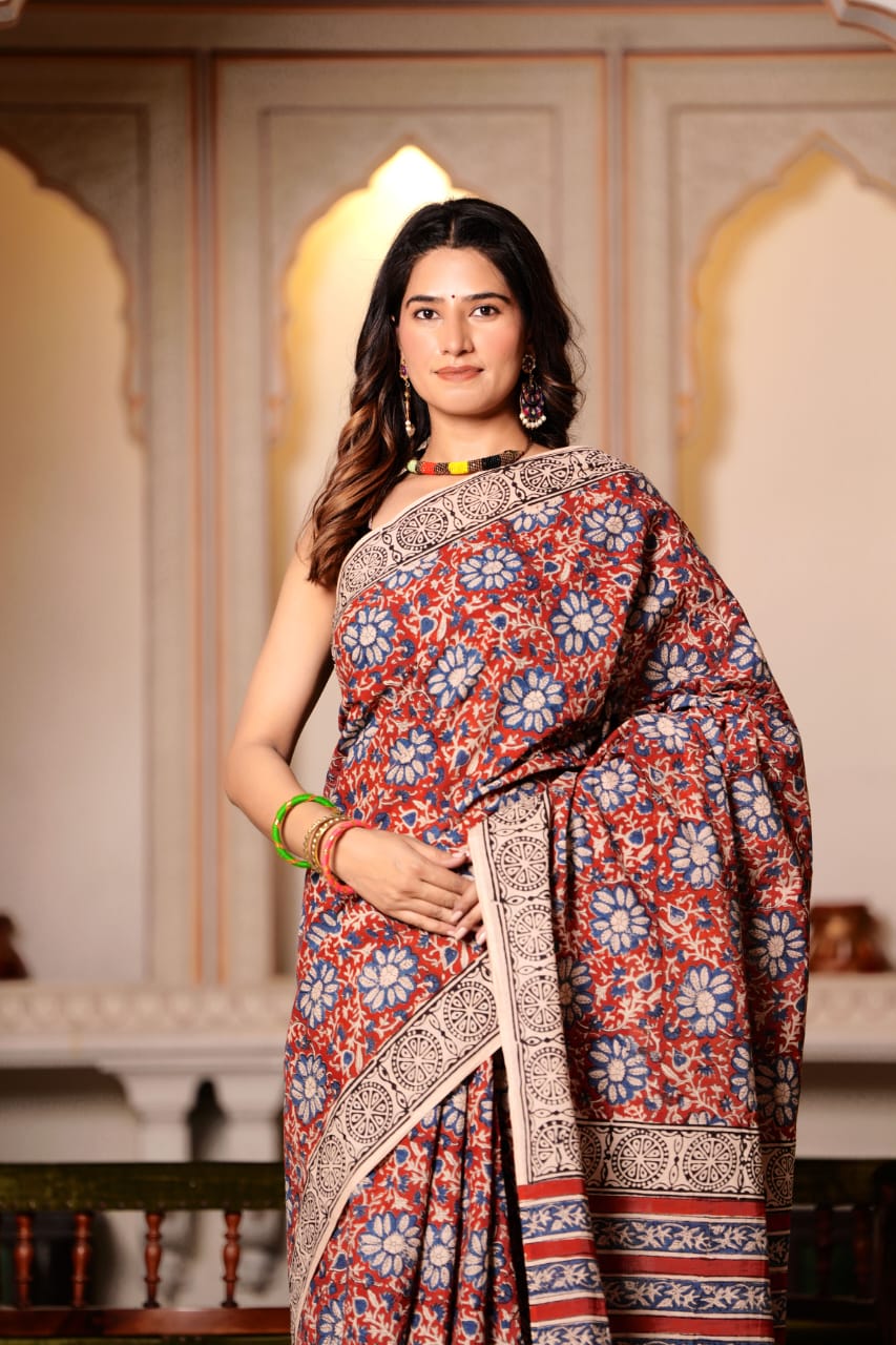 Quicksand Brown Pure Cotton Handblock Printed Saree