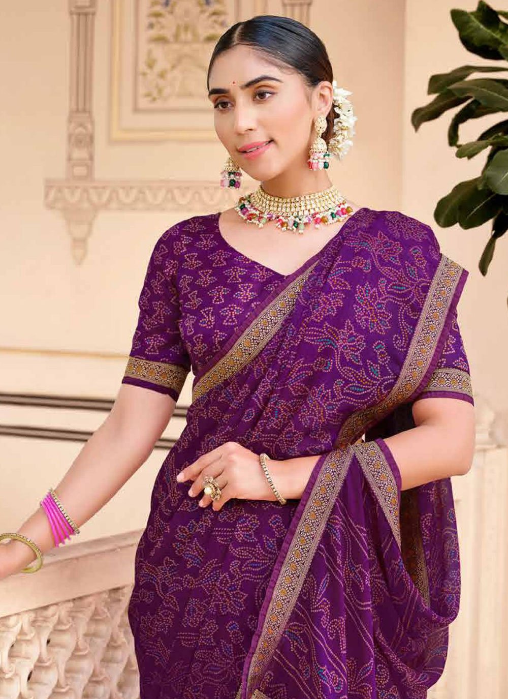 Plum Purple Chiffon Bandhani Saree