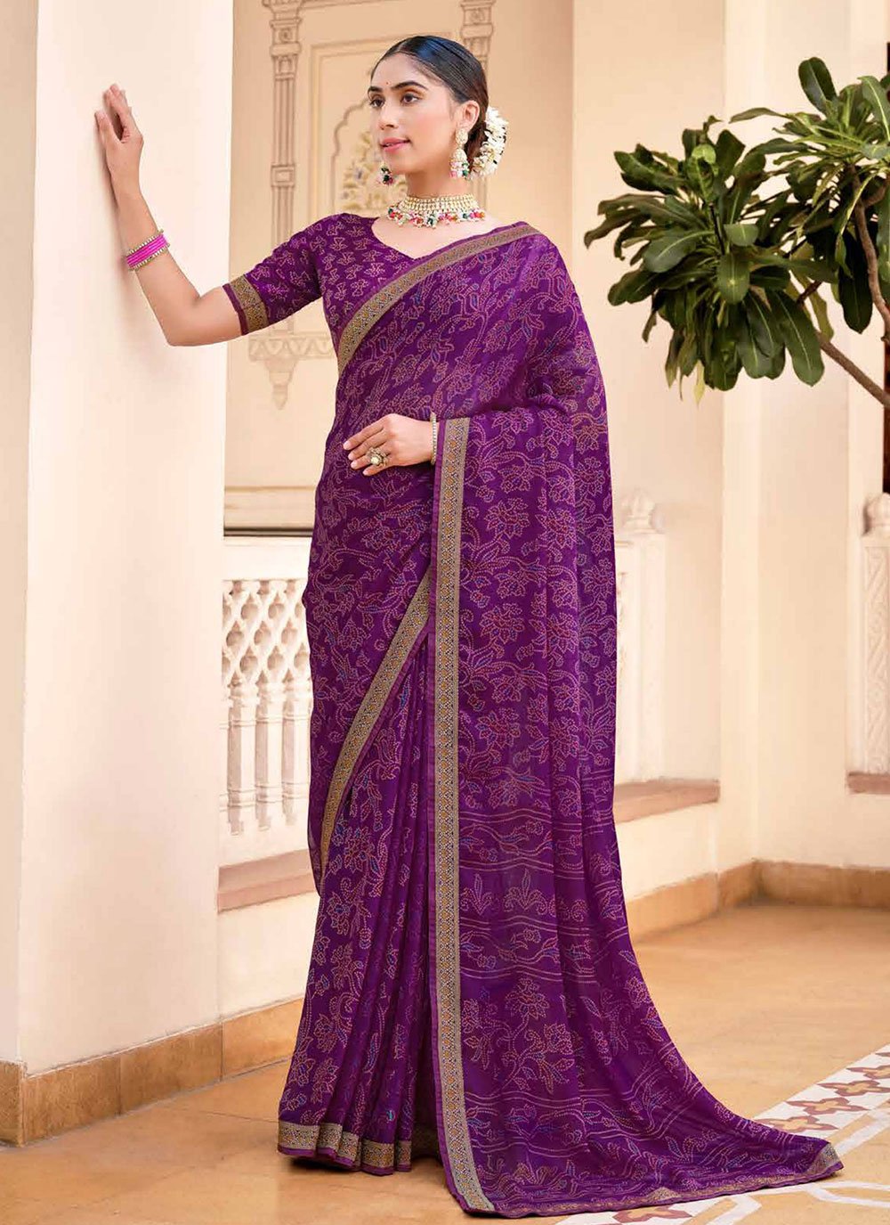 Plum Purple Chiffon Bandhani Saree