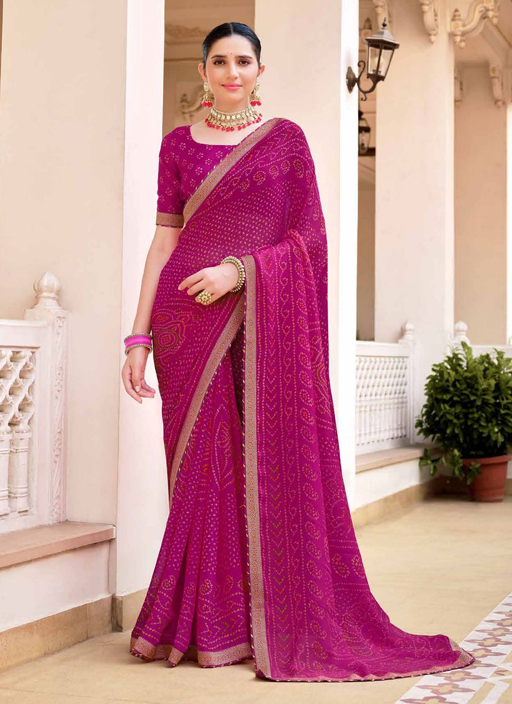 Jazzberry Jam Pink Chiffon Bandhani Saree