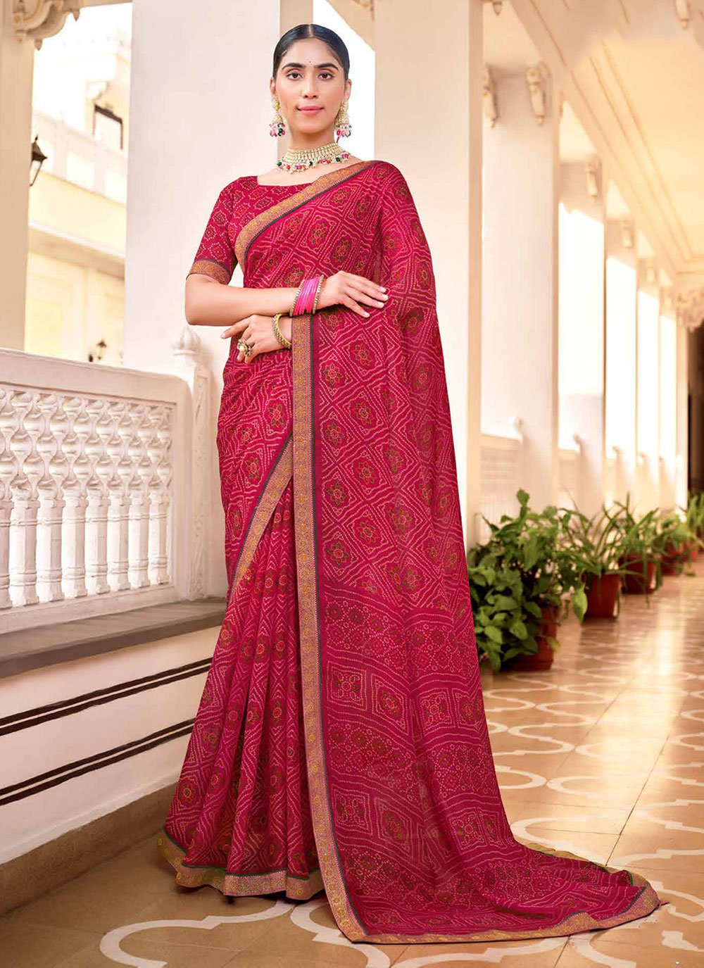 Brick Red Chiffon Bandhani Saree