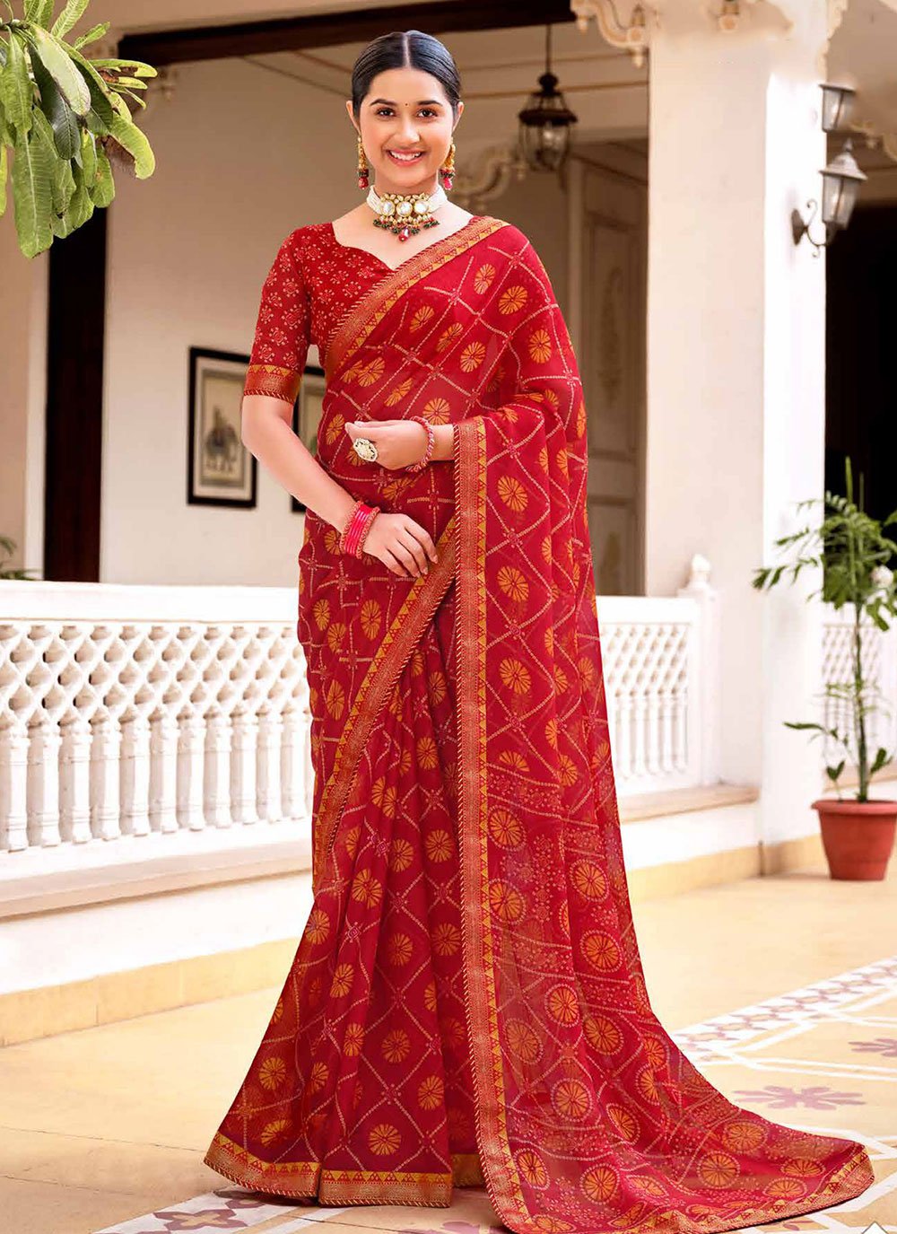 Monza Red Chiffon Bandhani Saree