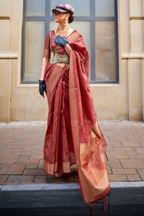 Copper Brown Woven Handloom Organza Saree