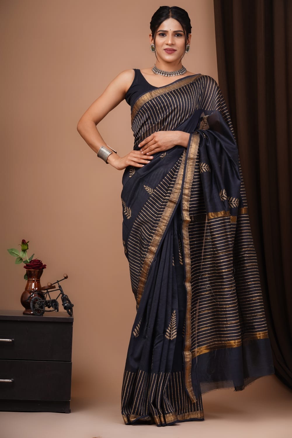 Baltic Sea Black Handblock Kota Doriya Saree