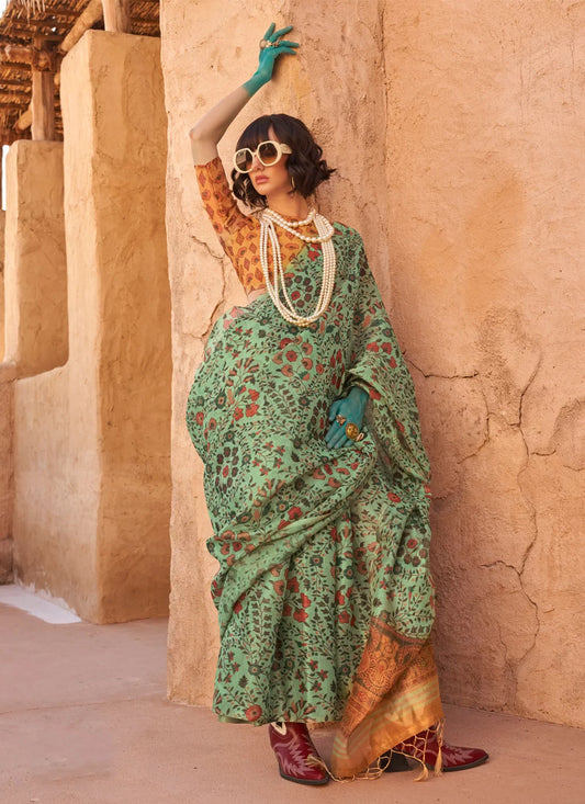 Sea Green Handwoven Zari Tissue Printed Saree With Contrast Pallu