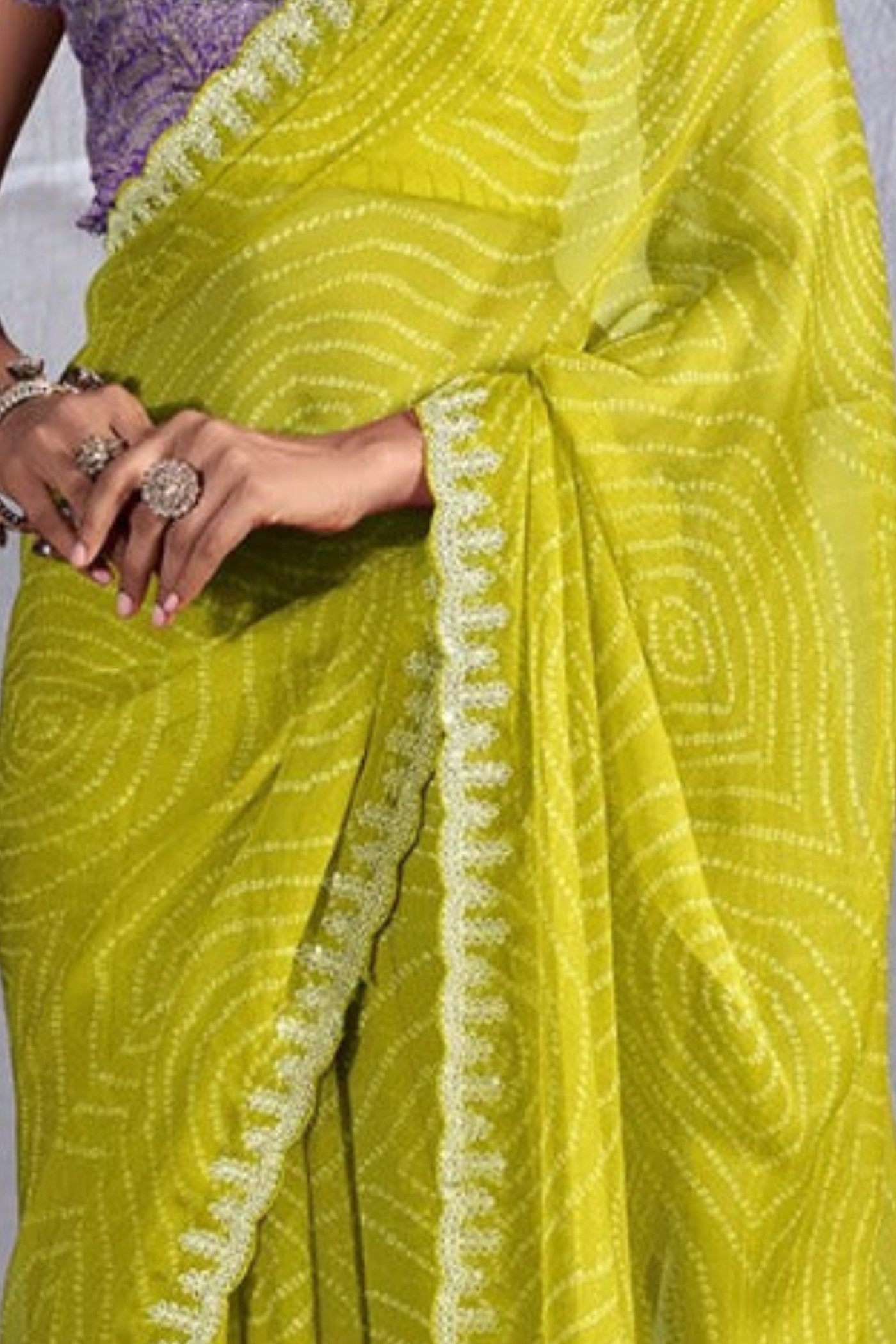 Neon Yellow Designer Georgette Bandhani Saree