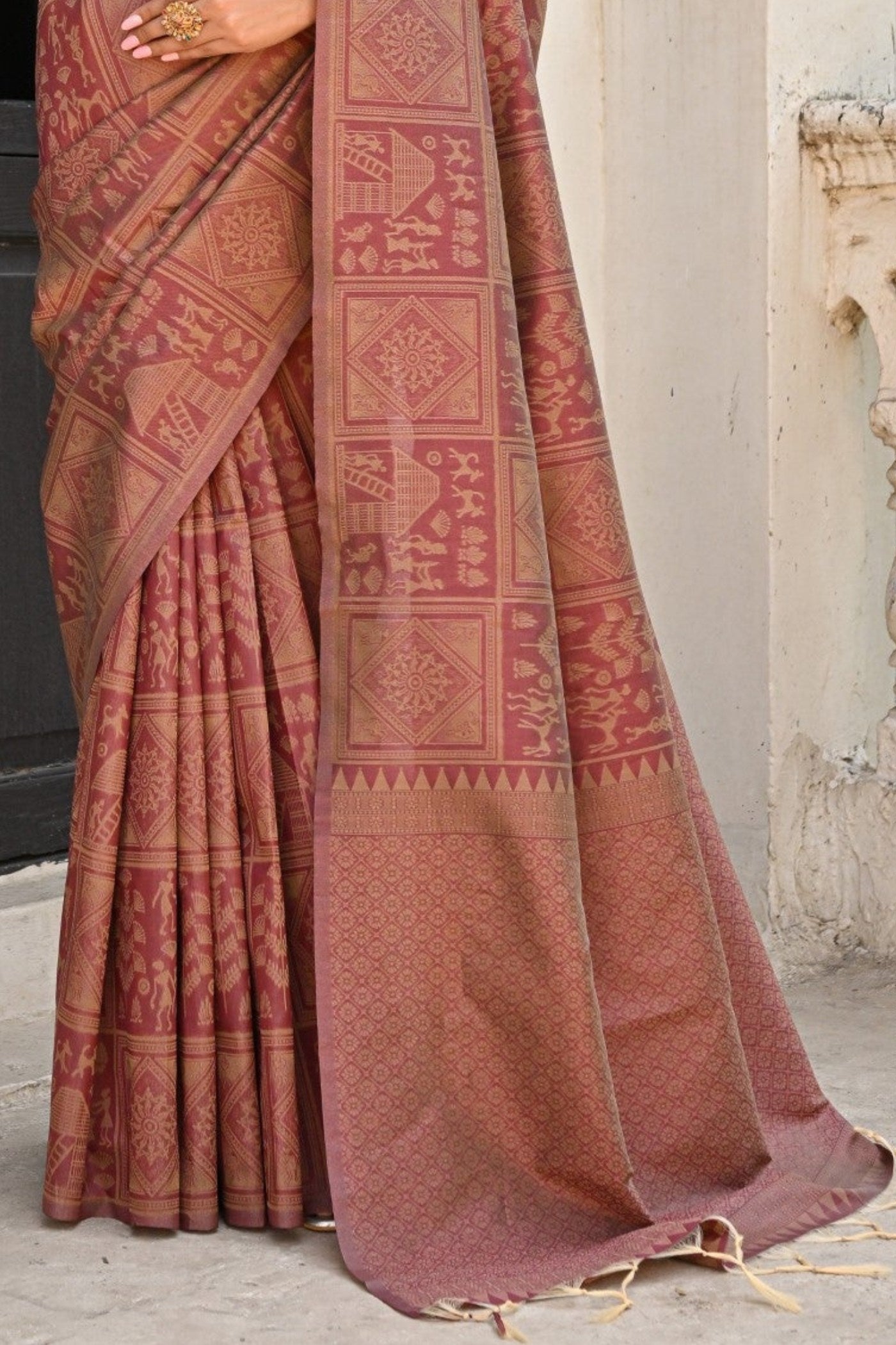 Matrix Brown Woven Kalamkari Raw Silk Saree