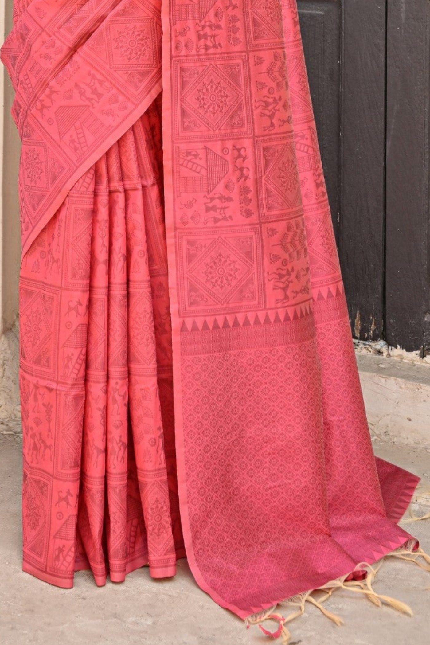 Froly Pink Woven Kalamkari Raw Silk Saree