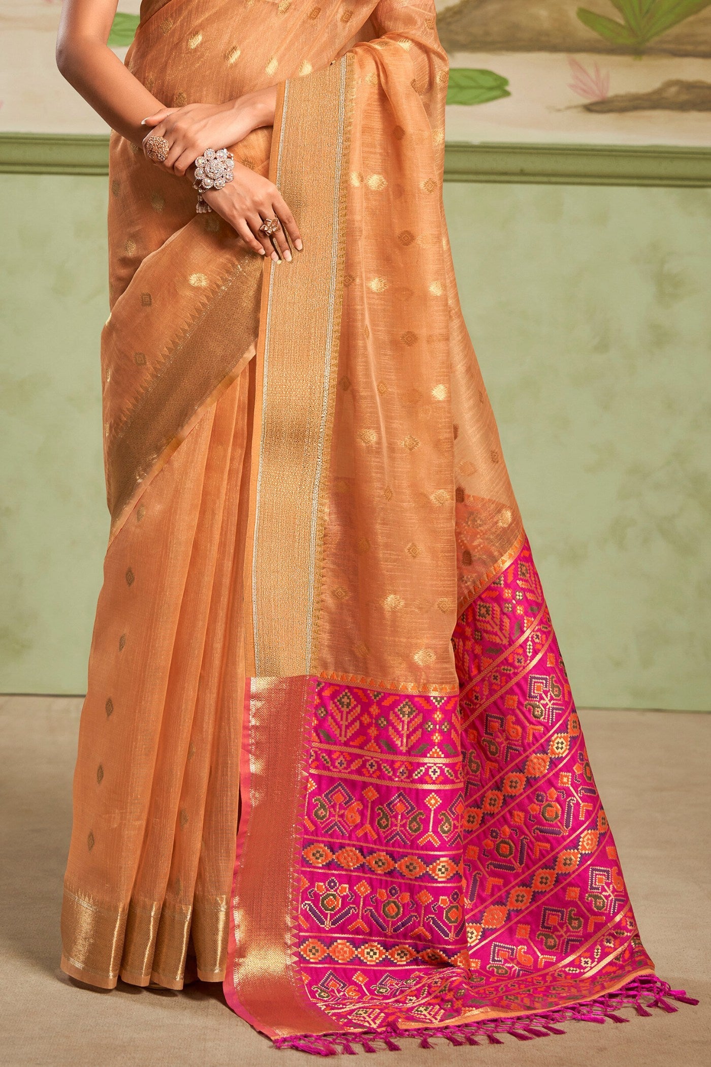 Damask Orange Banarasi Tissue Silk Saree