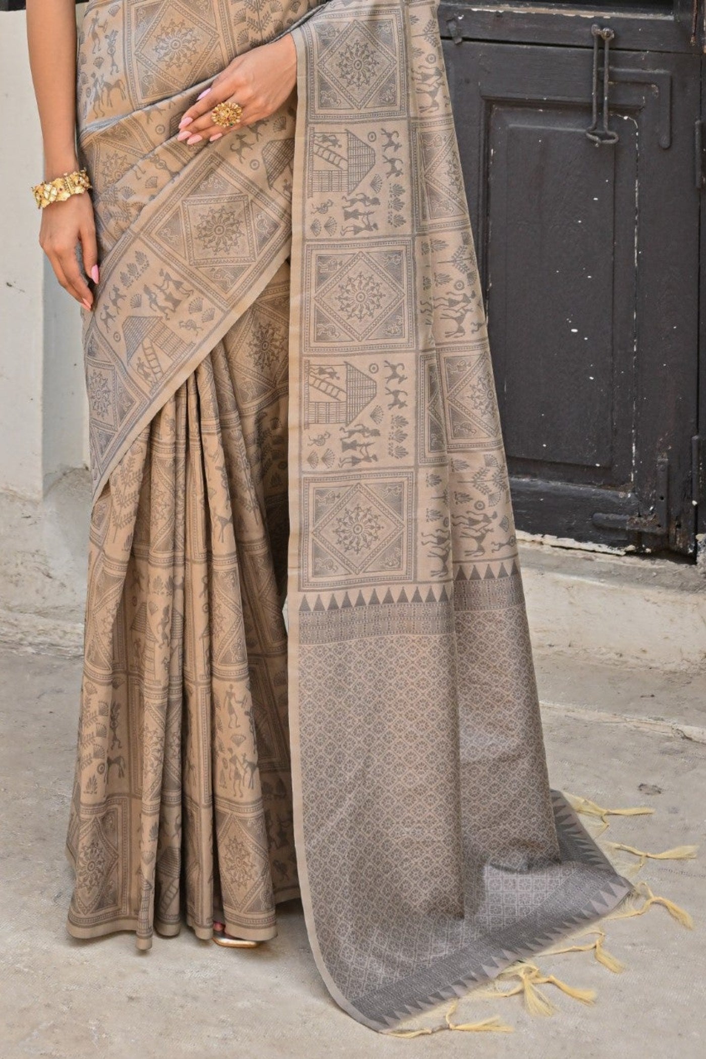 Zorba Grey Woven Kalamkari Raw Silk Saree