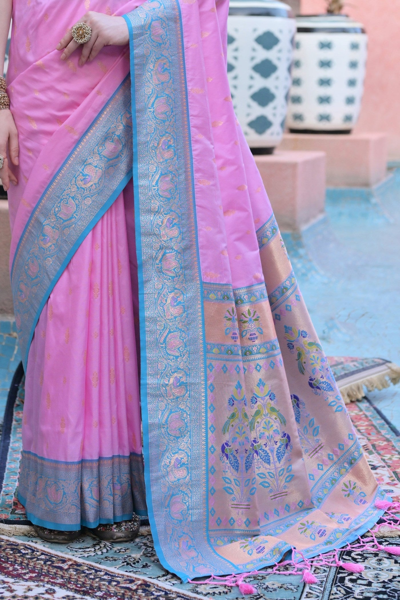 Glowing Lotus Pink Zari Woven Paithani Saree