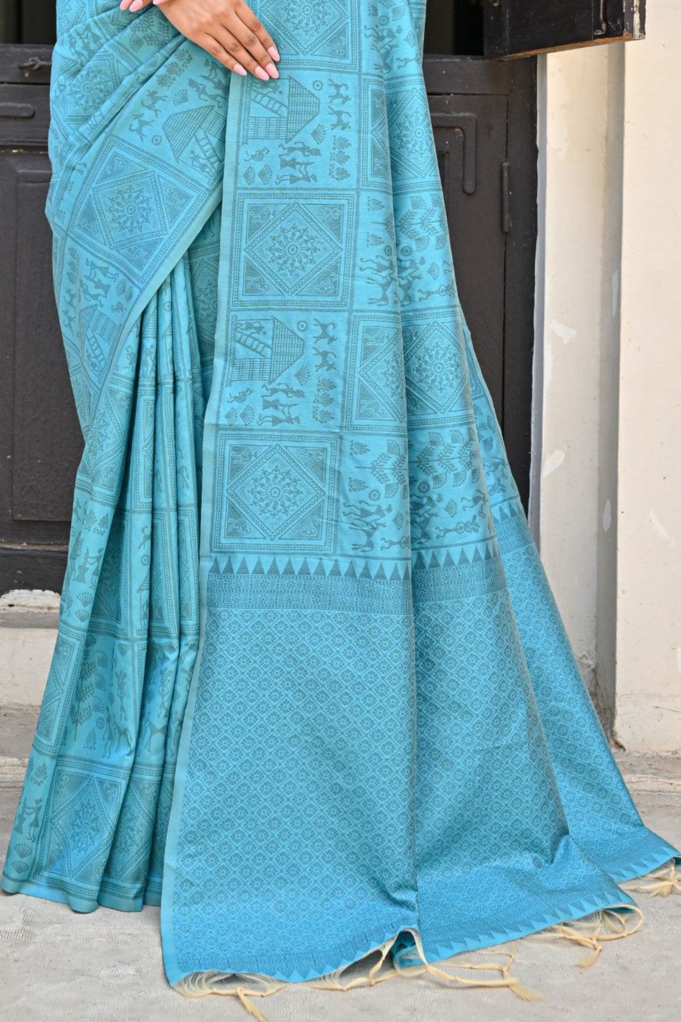 Fountain Blue Woven Kalamkari Raw Silk Saree