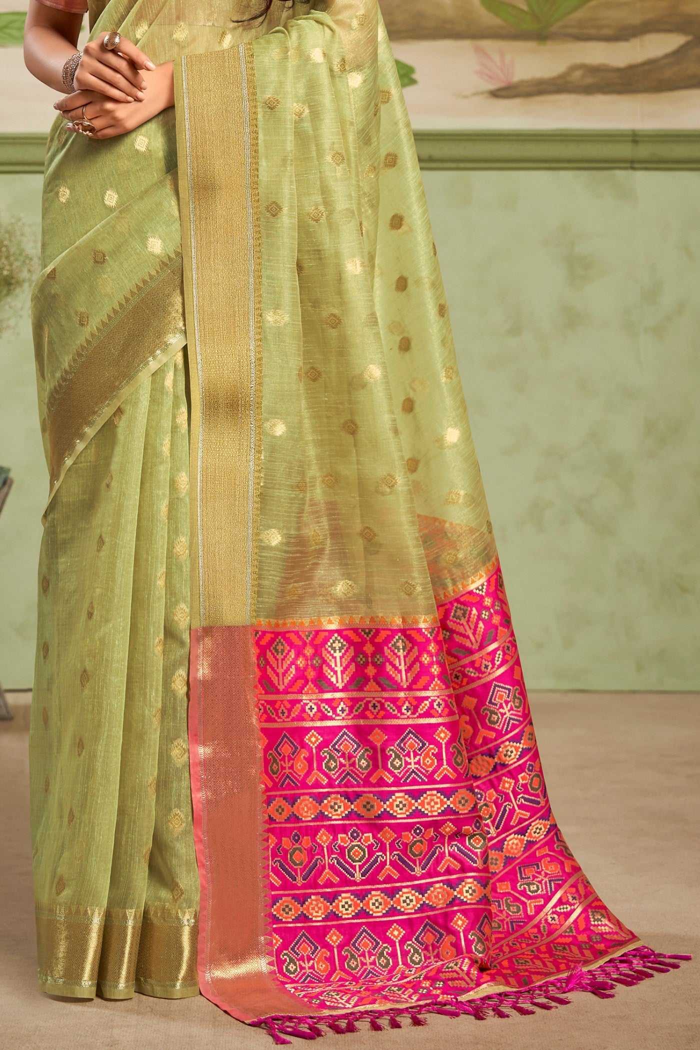 Wild Willow Green Banarasi Tissue Silk Saree