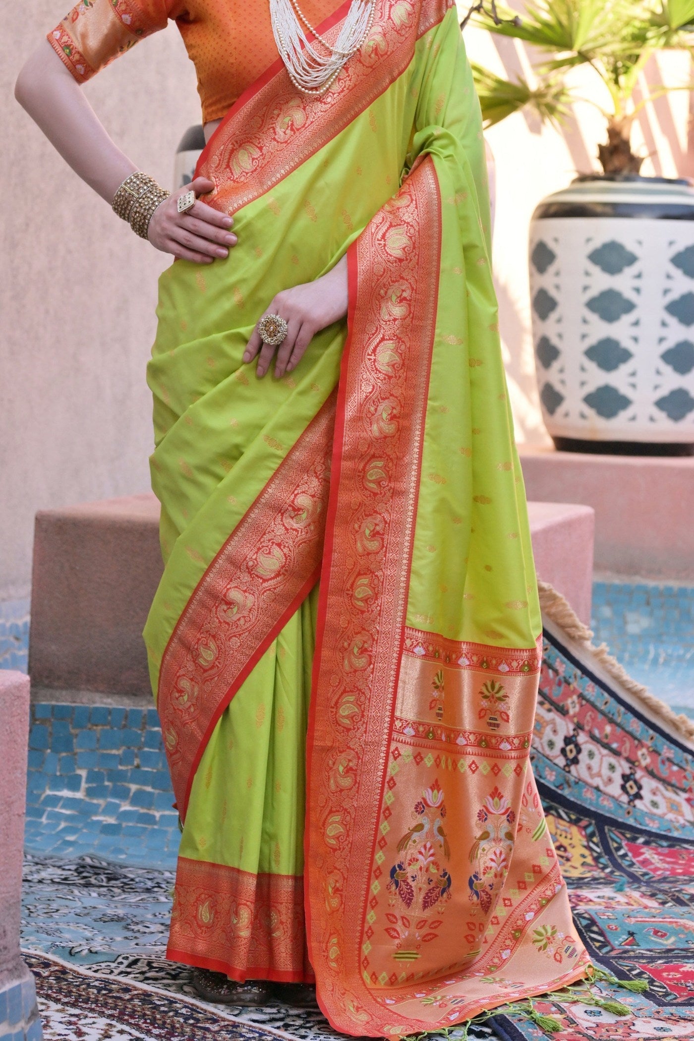 Slime Green Zari Woven Paithani Saree