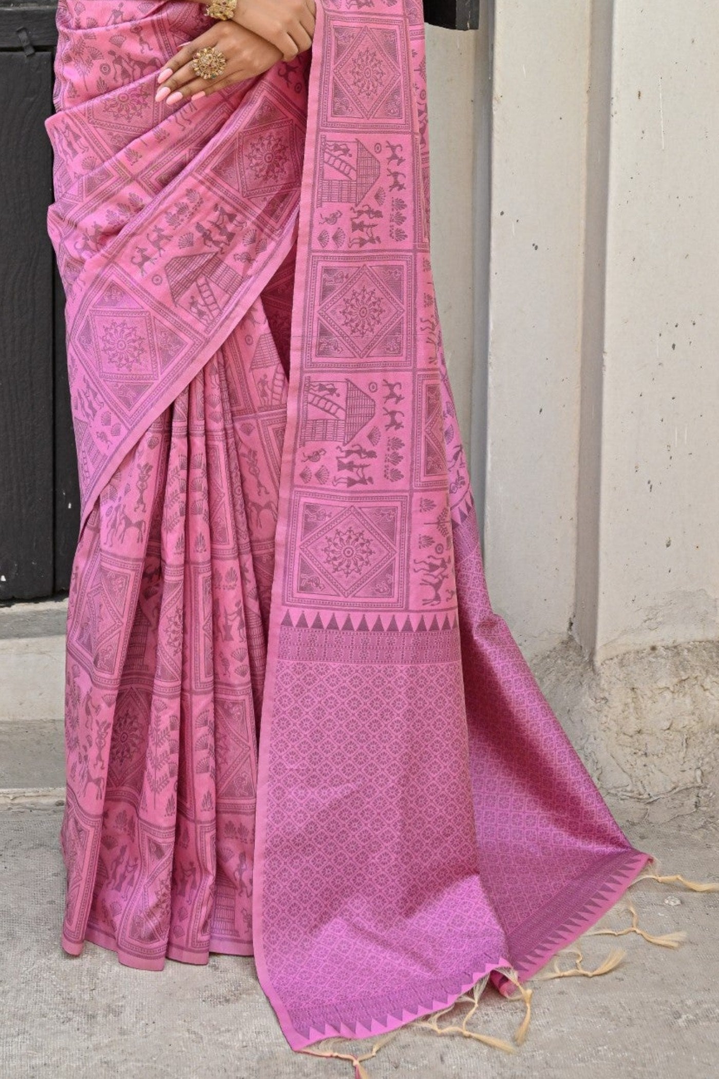 Shimmering Blush Pink Woven Kalamkari Raw Silk Saree