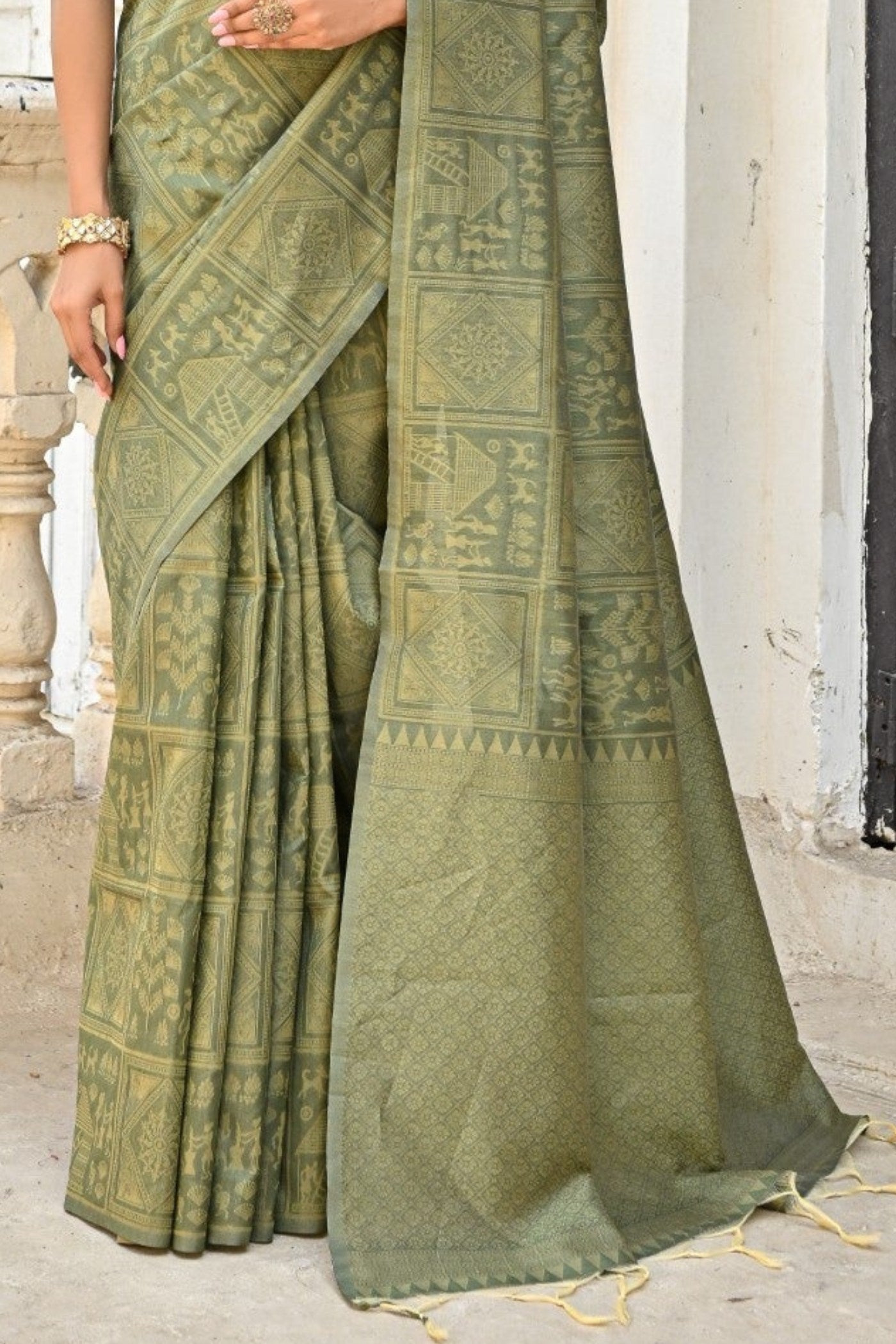 Clay Creek Green Woven Kalamkari Raw Silk Saree