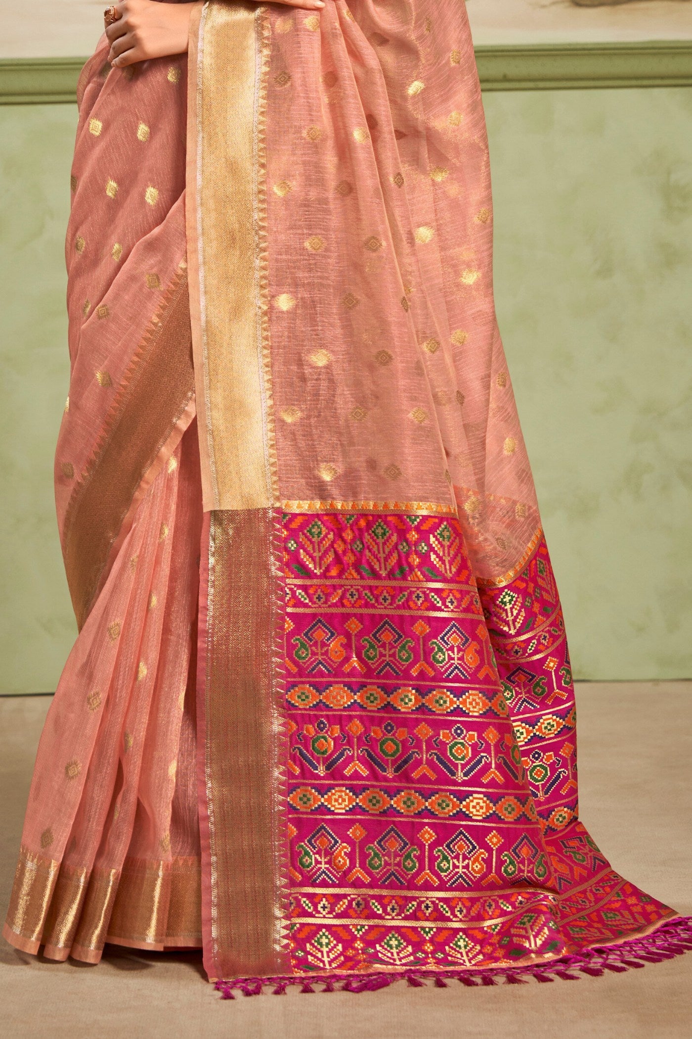 Wax Flower Peach Banarasi Tissue Silk Saree