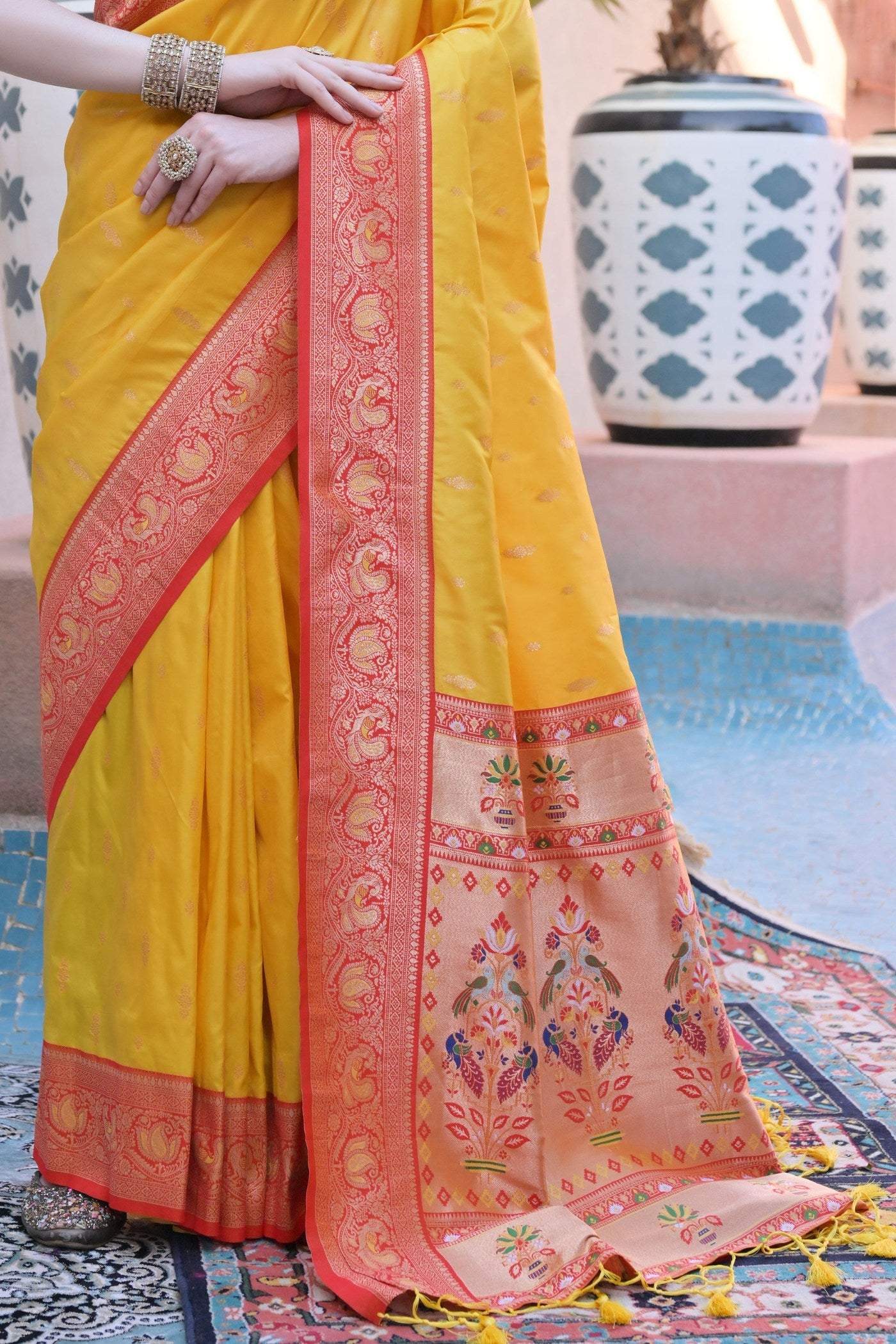 Cyber Yellow Zari Woven Paithani Saree