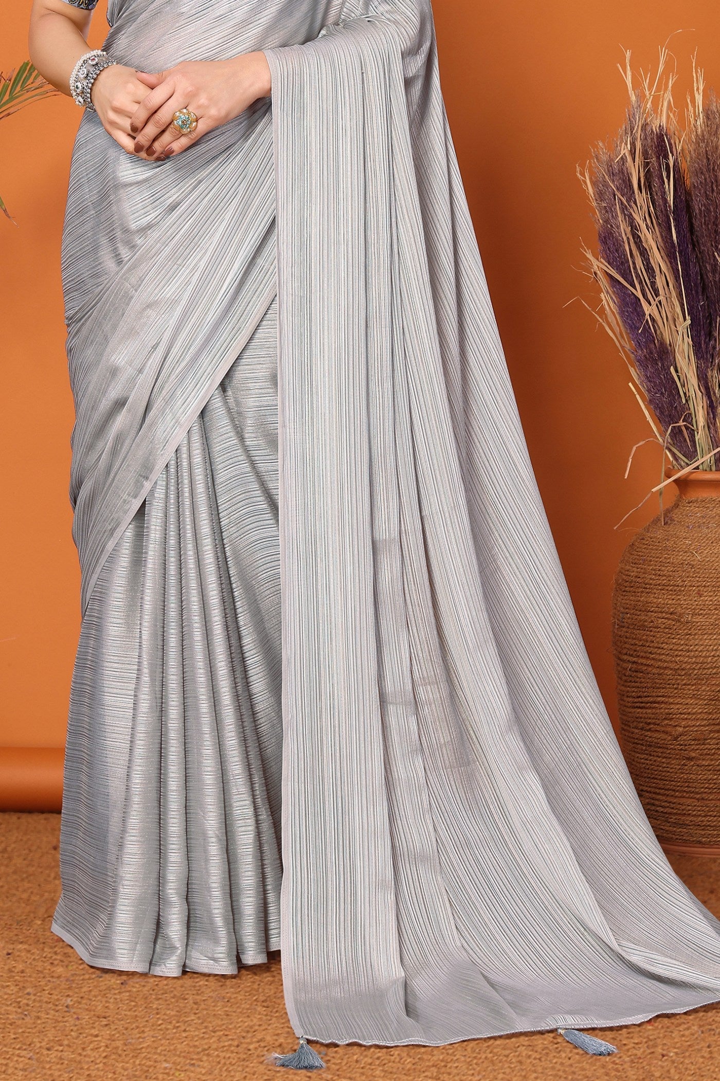 Silver Grey Solid Plain Saree