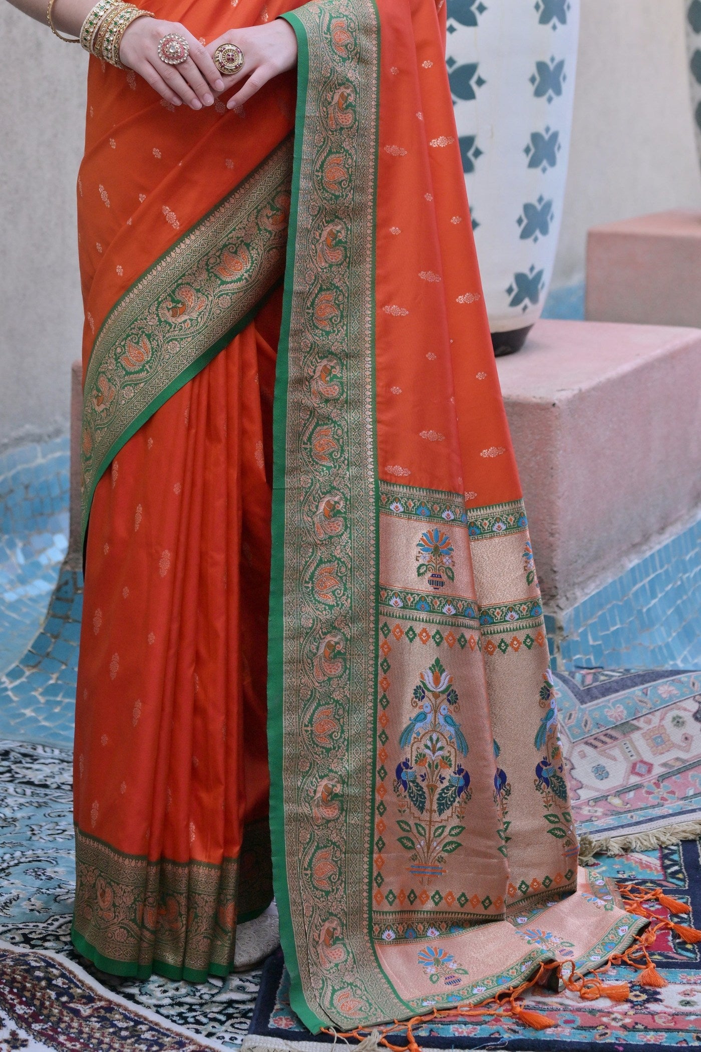 Dark Pupmkin Orange Zari Woven Paithani Saree