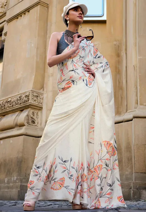 Cream Printed Satin Crepe Saree with Modern Contemporary Prints