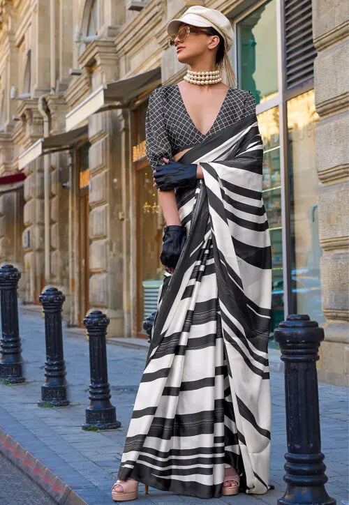 Black Beige Printed Satin Crepe Saree with Modern Contemporary Prints