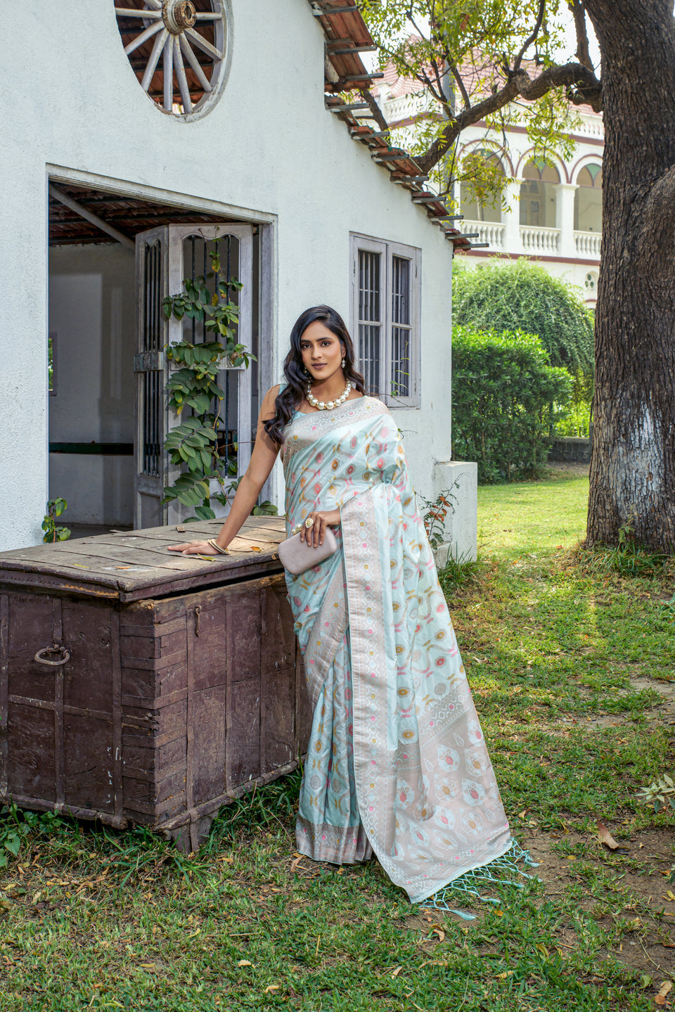 Iceberg Blue Handloom Banarasi Uri Silk Saree