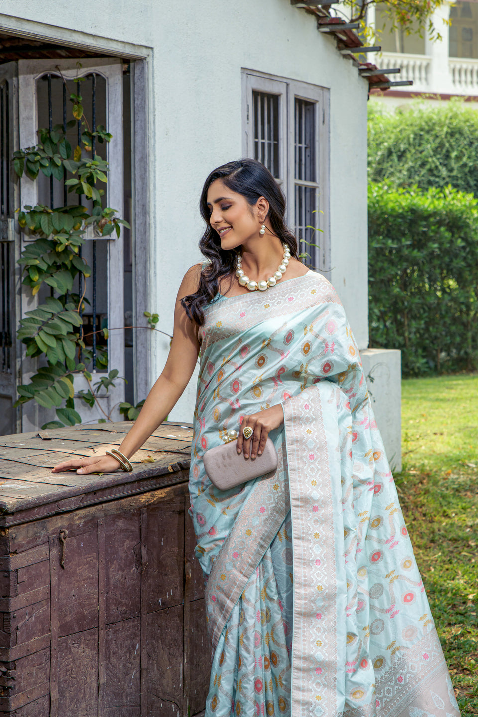 Iceberg Blue Handloom Banarasi Uri Silk Saree