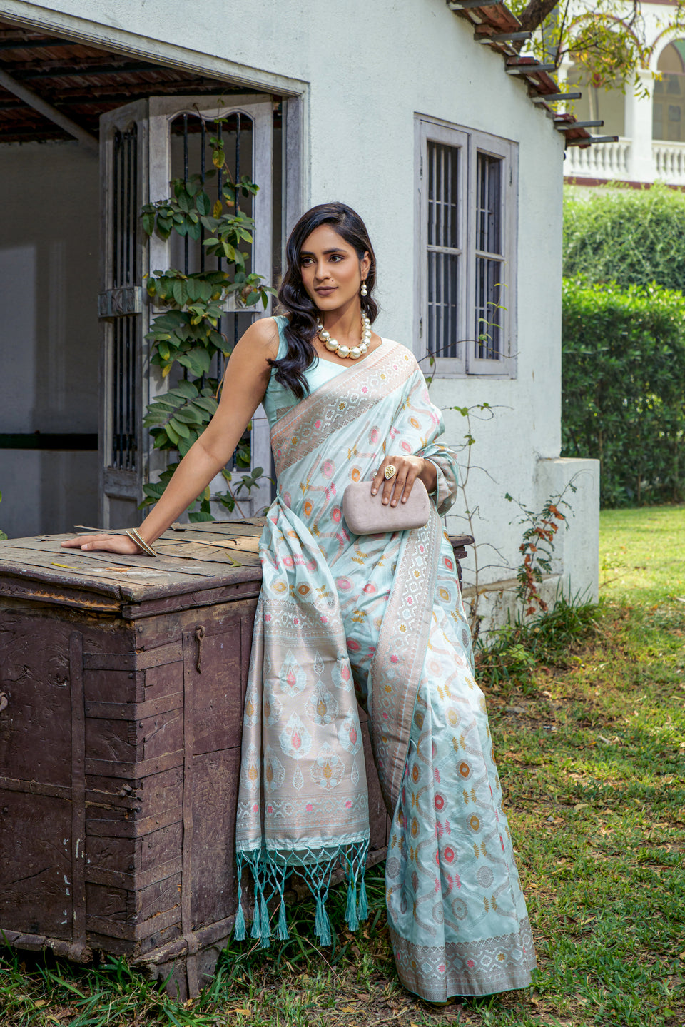 Iceberg Blue Handloom Banarasi Uri Silk Saree