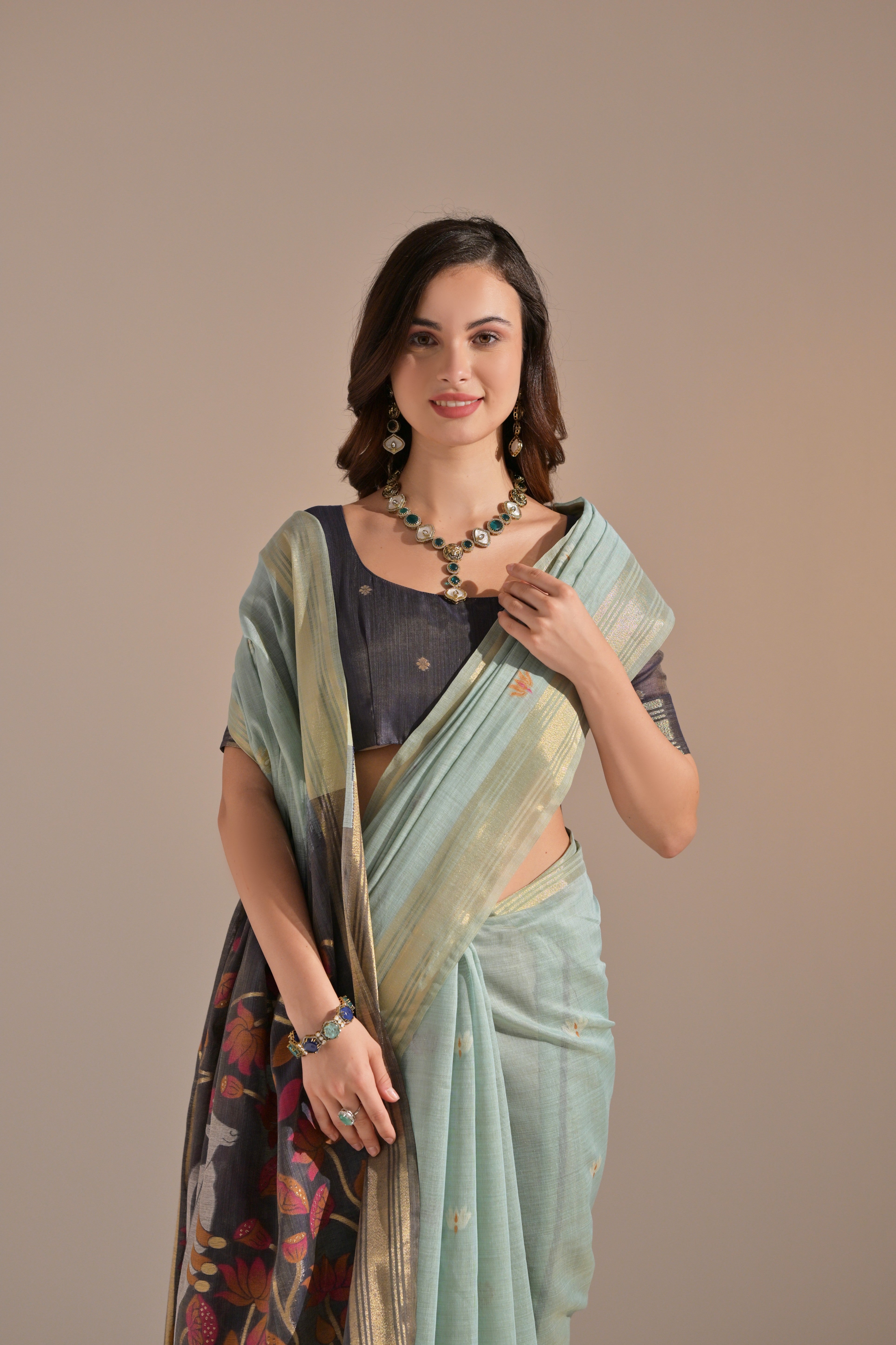 Neptune Blue Woven Muga Cotton Saree