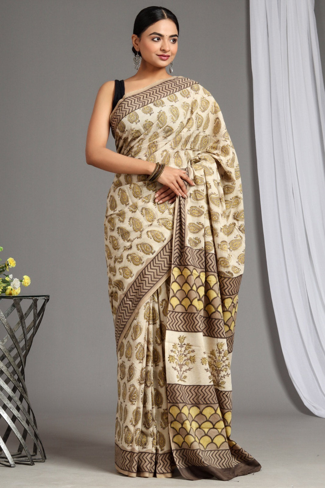 Barley Corn Brown Soft Mulmul Cotton Handblock Printed Saree