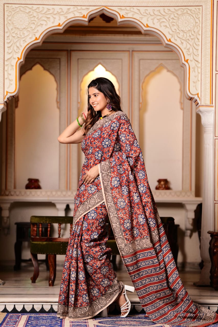 Quicksand Brown Pure Cotton Handblock Printed Saree