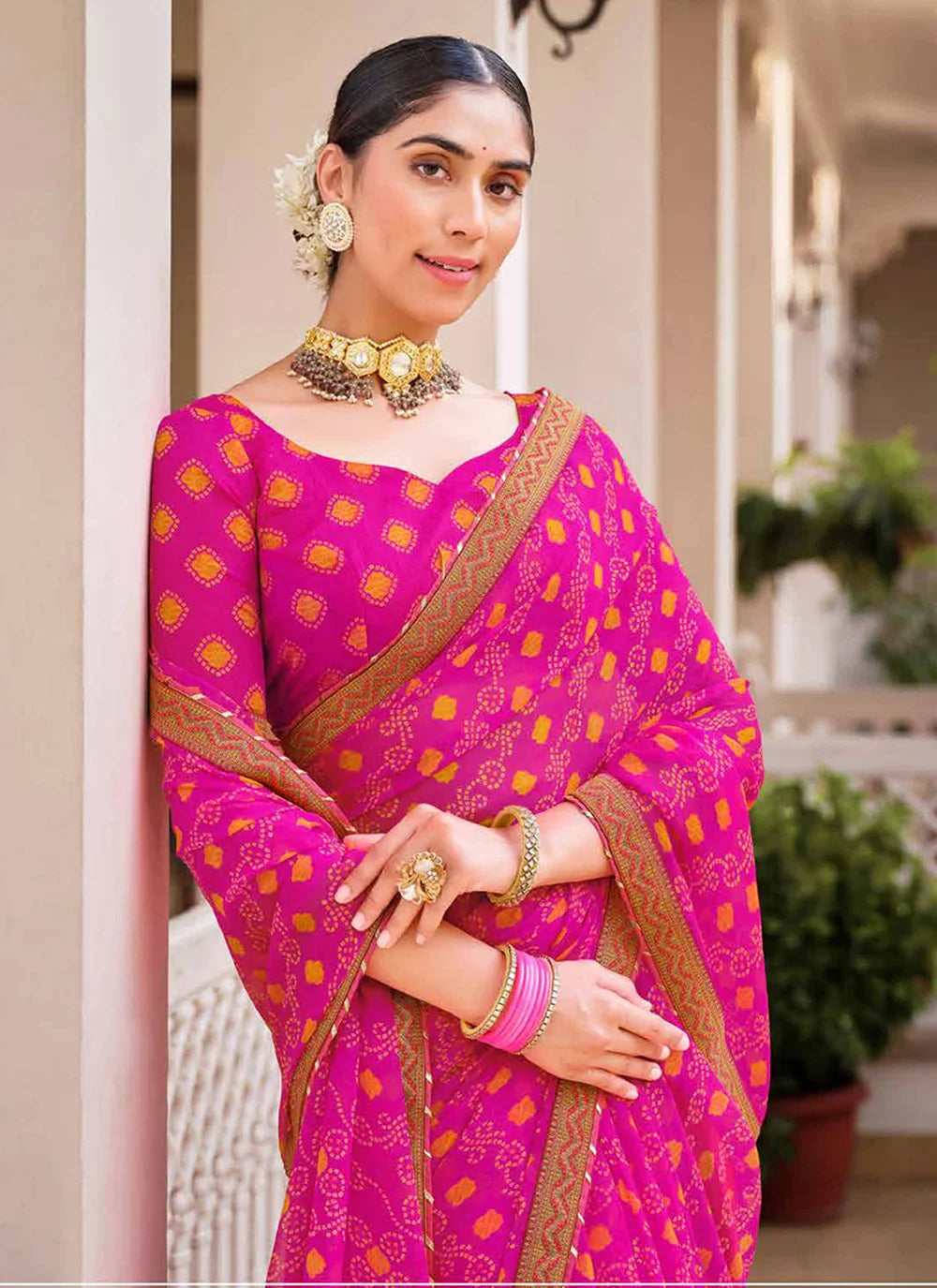 Razzmatazz Pink Chiffon Bandhani Saree