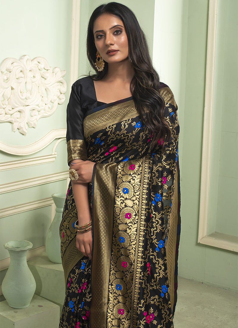 Woven Art Silk Jacquard Saree in Black