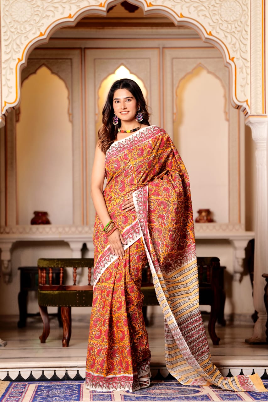 Tan Orange Pure Cotton Handblock Printed Saree