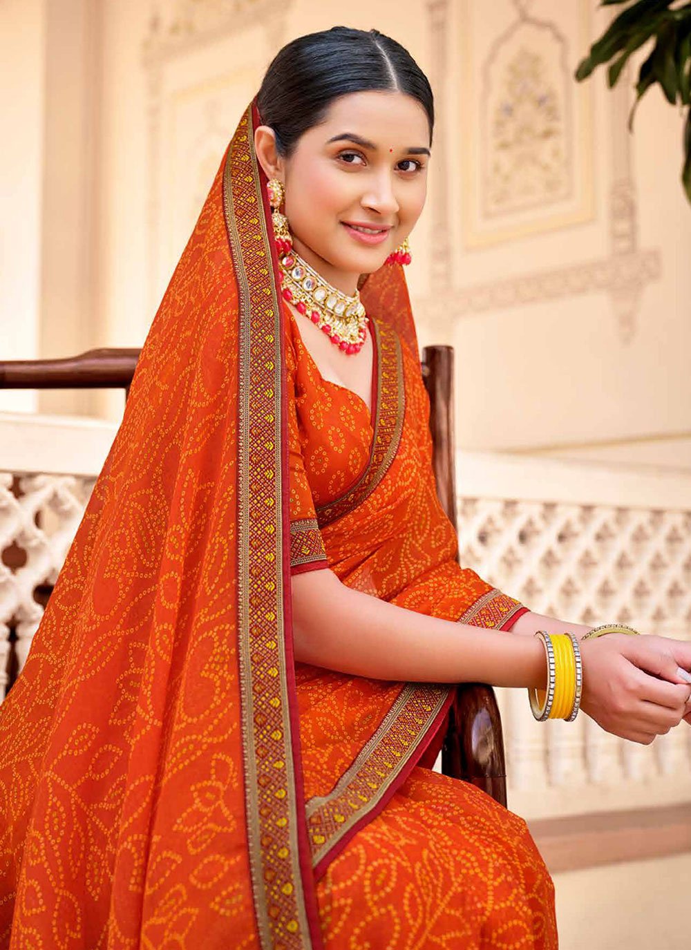 Carrot Orange Chiffon Bandhani Saree