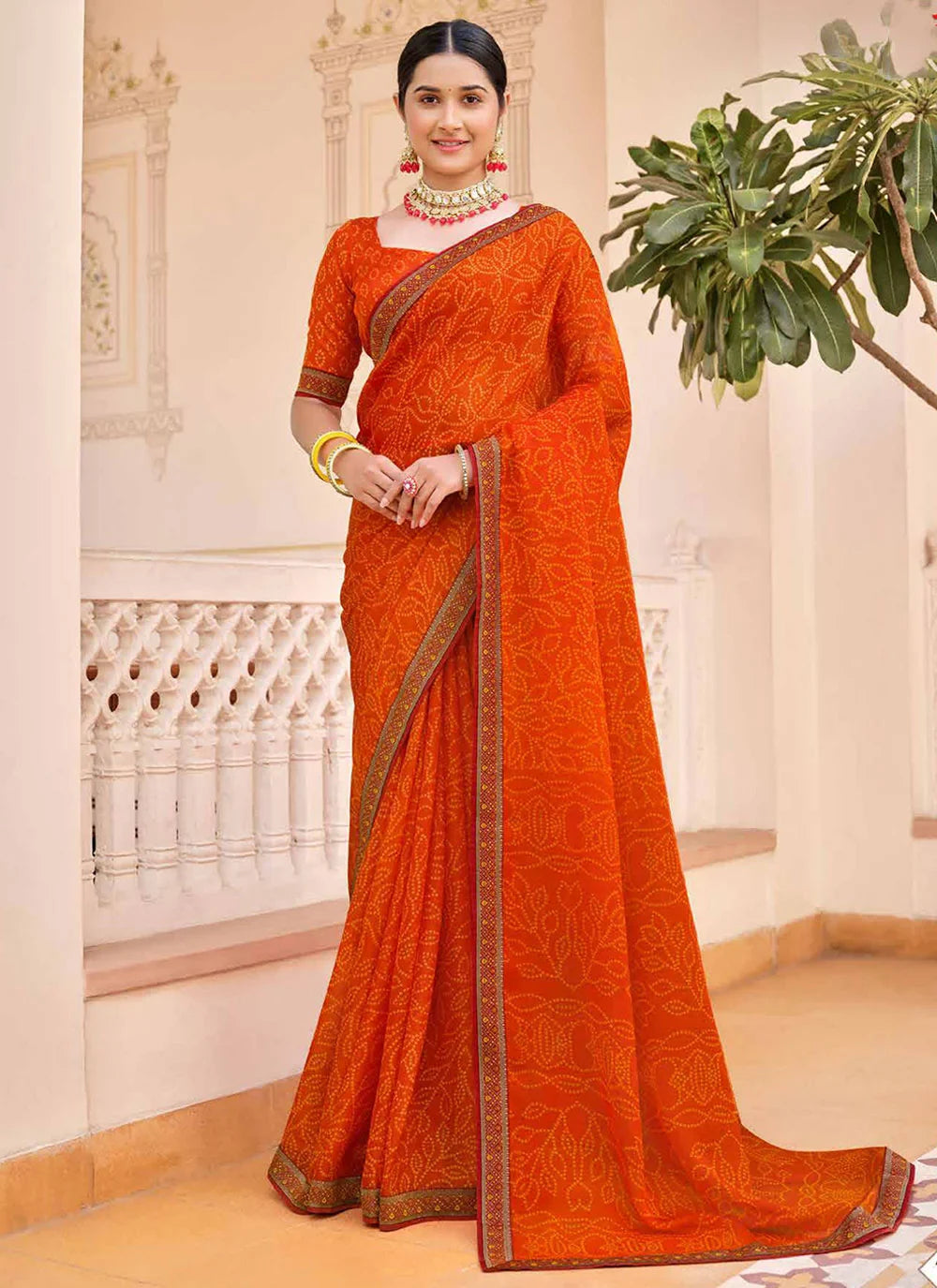 Carrot Orange Chiffon Bandhani Saree