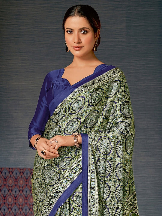 Olive Green Digital Printed Ajrakh Satin Crepe Saree