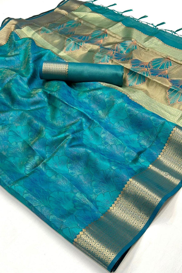 Firozi Woven Handloom Organza Saree