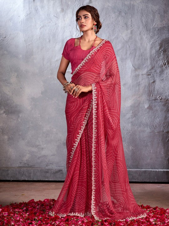 Cherry Pink Designer Georgette Bandhani Saree