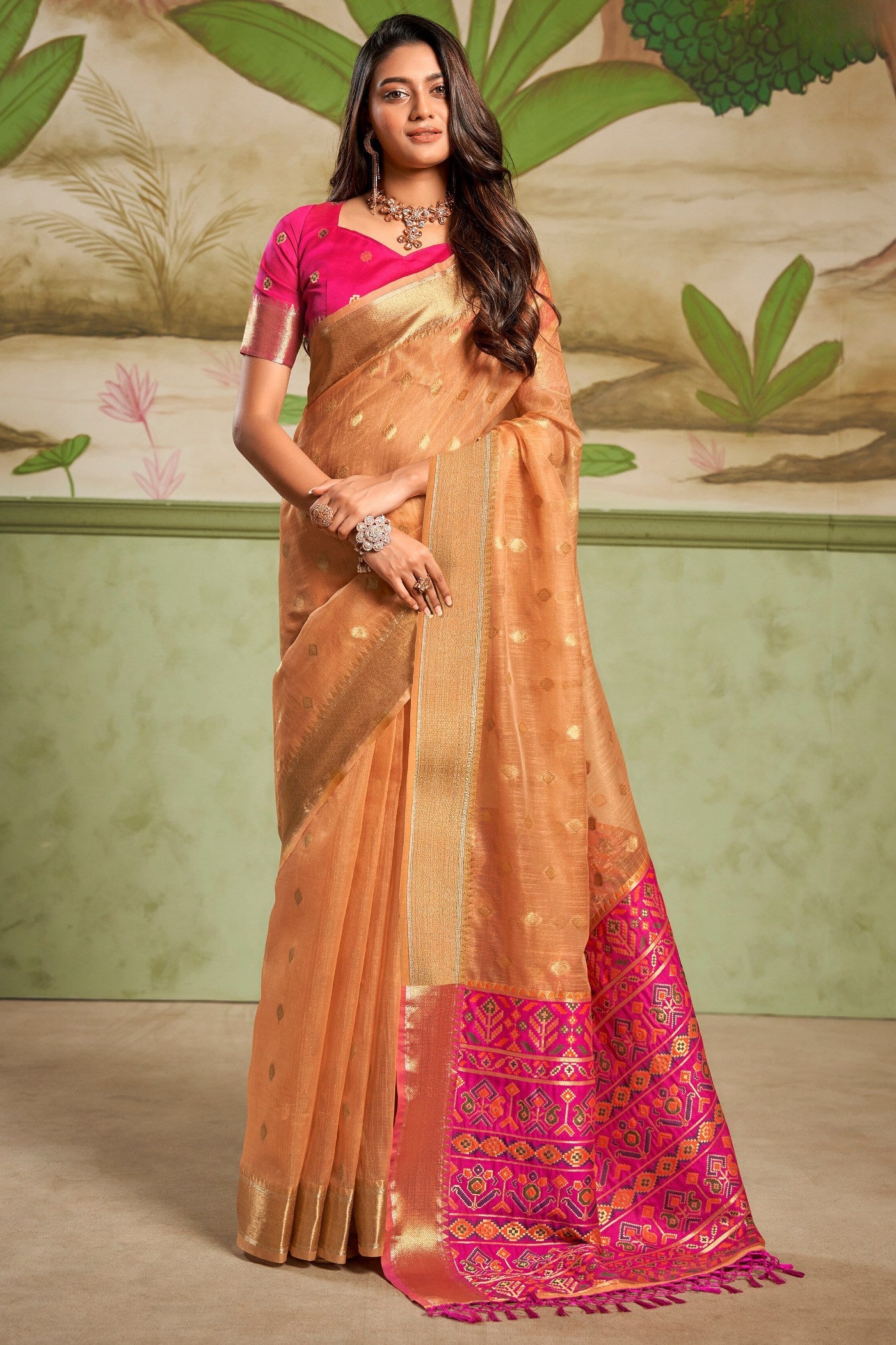 Damask Orange Banarasi Tissue Silk Saree