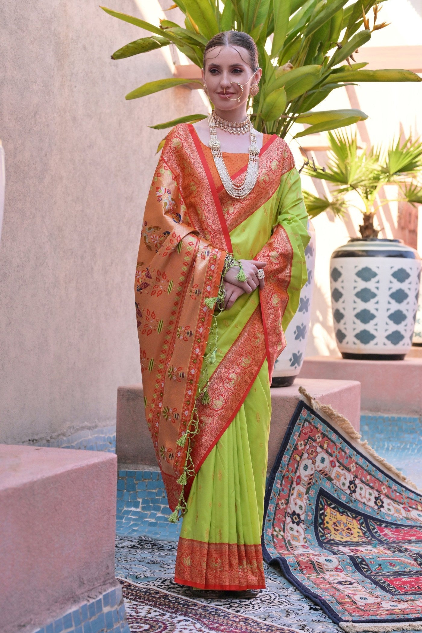 Slime Green Zari Woven Paithani Saree