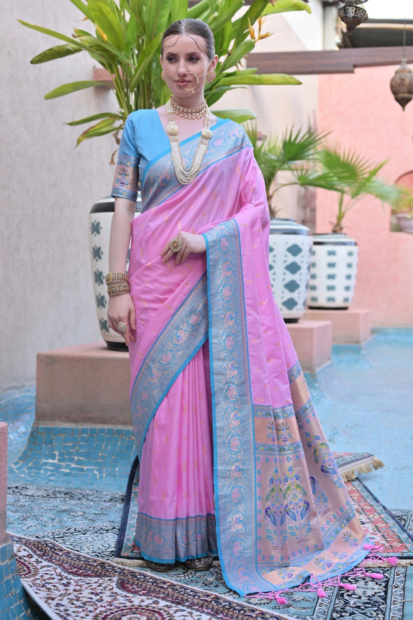 Glowing Lotus Pink Zari Woven Paithani Saree