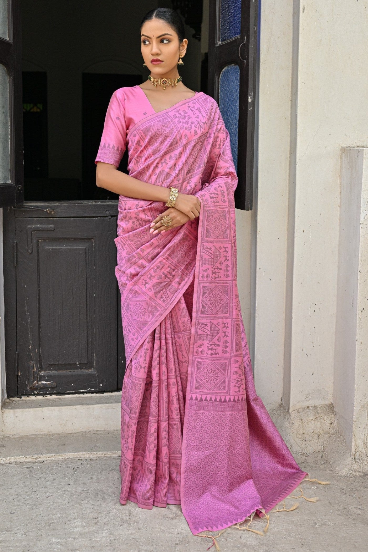 Shimmering Blush Pink Woven Kalamkari Raw Silk Saree