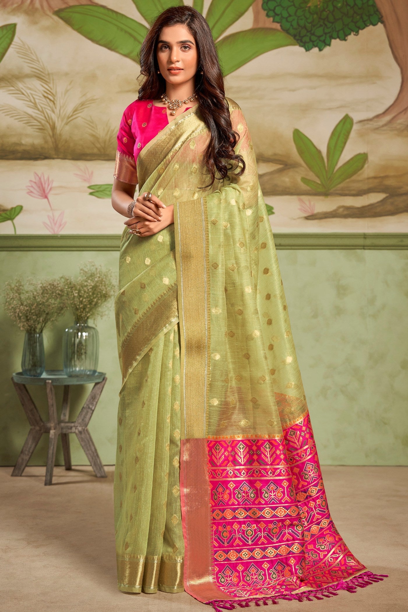 Wild Willow Green Banarasi Tissue Silk Saree