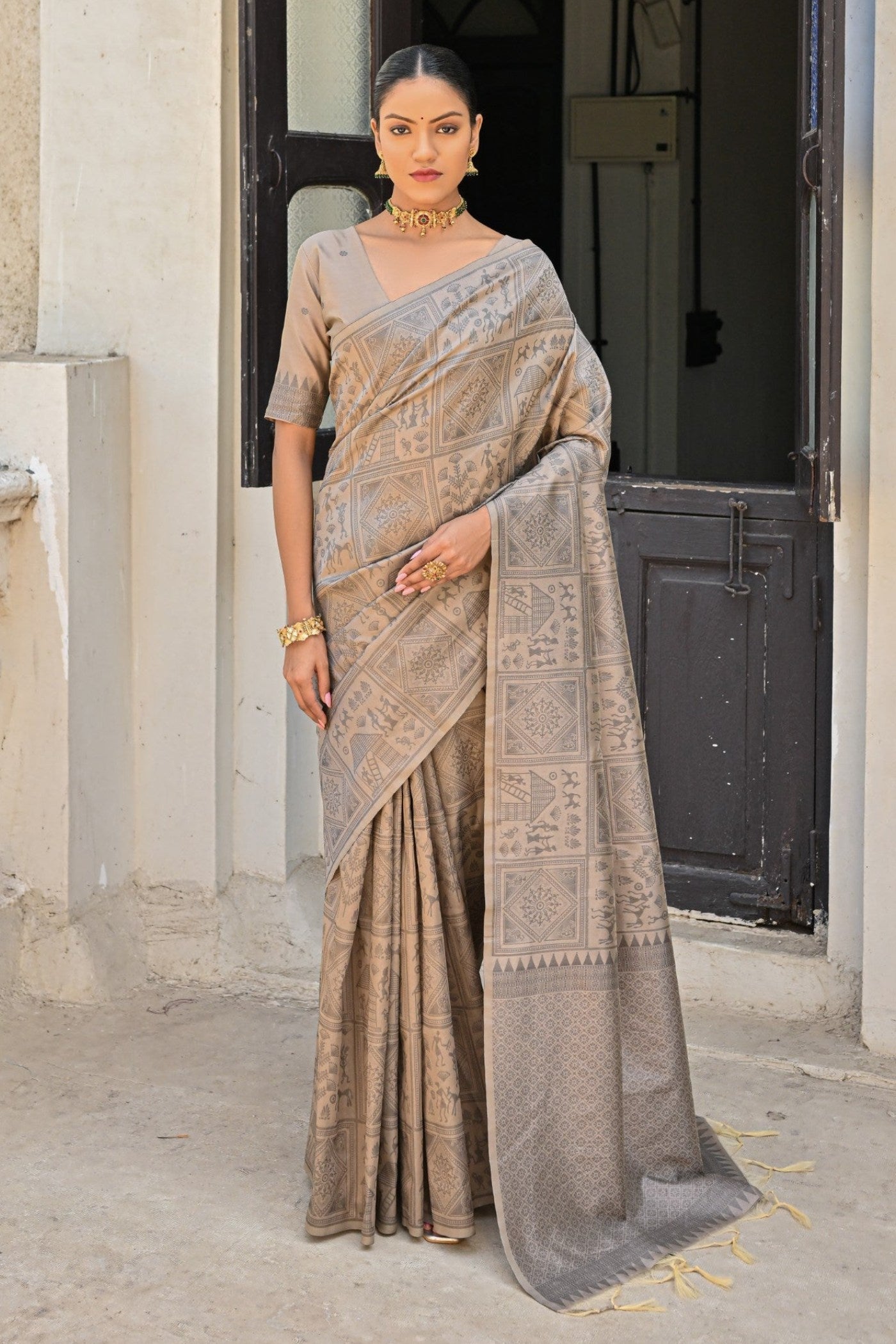 Zorba Grey Woven Kalamkari Raw Silk Saree