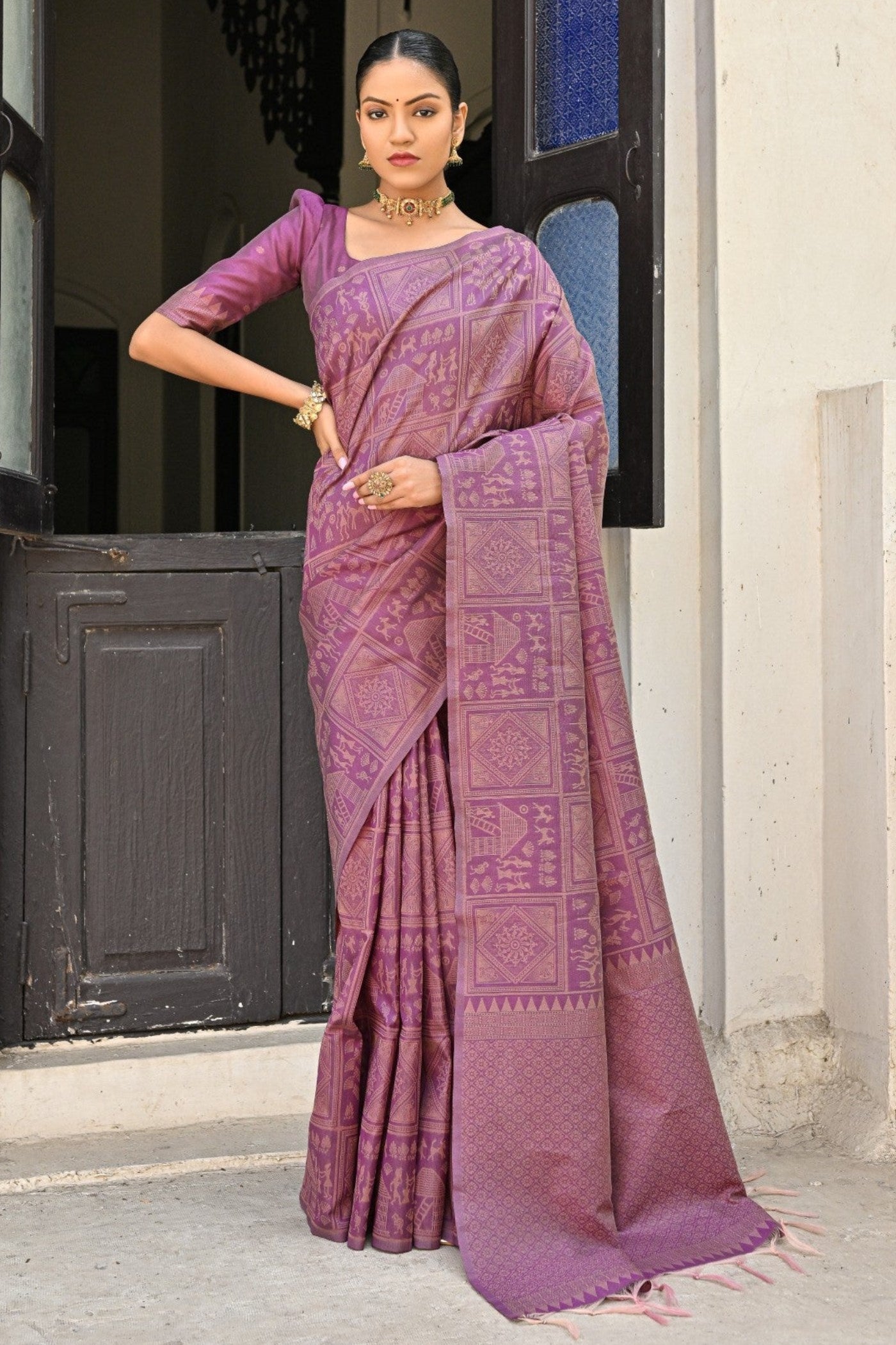 Rose Dust Purple Woven Kalamkari Raw Silk Saree